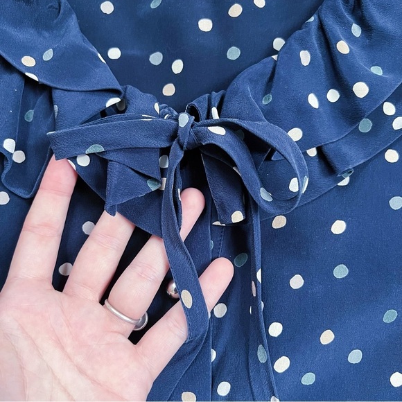Kate Spade • Lynette Blouse silk polka dot navy blue ruffle collar bow tie neck - Picture 6 of 14